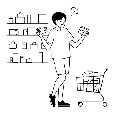 A shopper standing in a retail store, holding an open wallet in their hands. The shopper has a look of disappointment and disbelief on their face as they wince at the sight of empty wallet. They are wearing a casual outfit, which consists of a short-sleeve shirt and khaki shorts. Surrounding the shopper are shelves lined with various products, and there is a shopping cart nearby filled with items.