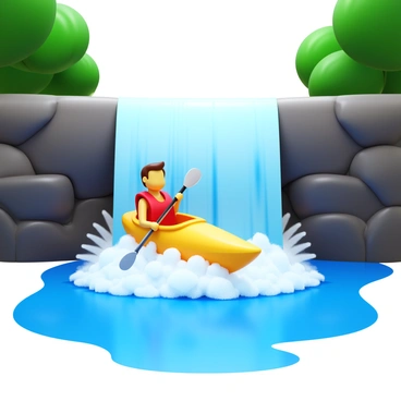 A kayaker wearing a bright red life jacket, sitting in a yellow kayak, is positioned at the edge of a waterfall. The water cascades down in a dramatic rush, creating a mist around the kayak. The kayaker is looking down at the turbulent water below, with a focused expression. The surrounding landscape features lush green trees and rocky cliffs framing the scene, highlighting the height of the waterfall. Sunlight glimmers off the water, adding a sense of motion to the image.