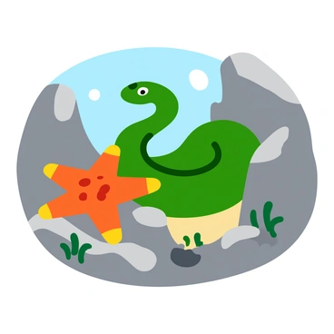 A green moray eel partially emerges from a rocky crevice, its smooth body glistening with moisture. Next to the eel, a brightly colored starfish in vibrant shades of orange, red, and yellow rests against the textured rocks. The rocky crevice is surrounded by various shades of gray and brown, with small aquatic plants adding touches of green. Light filters through the water, illuminating the scene and highlighting the unique patterns on the starfish's arms.