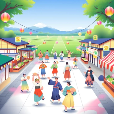 A vibrant anime village is bustling with activity as it celebrates a harvest festival. Colorful lanterns in various shapes and sizes are hung from trees and buildings, illuminating the scene with warm light. Villagers in traditional attire, including kimonos and hakama, are dancing joyfully in a large, open area. Some dancers are holding wooden fans, while others are playing drums and flutes, contributing to the lively atmosphere. Stalls selling fresh produce and local delicacies are set up along the pathways, adorned with banners. In the background, lush green fields stretch out under a clear blue sky, while distant mountains frame the village, completing the picturesque setting.