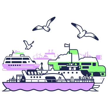 A group of seagulls is flying above a ferry terminal, their wings outstretched as they glide through the air. Below them, several ferries are docked at the terminal, with their hulls reflecting the light. The terminal features large loading ramps, with passengers and crew members moving about. In the background, there are more ferries lined up, some with brightly colored canopies and others with open decks. The scene captures the bustling activity of the ferry terminal, with the seagulls in motion above the steady presence of the boats below.