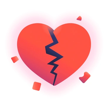 A large red heart is positioned in the center of the image, showcasing a prominent crack running through its middle. The edges of the crack are jagged and dark, emphasizing the sense of damage. Surrounding the heart are small, scattered pieces that appear to have broken off, adding to the theme of heartbreak. The background is a soft gradient that transitions from light pink at the top to deep red at the bottom, enhancing the overall emotional impact of the heart.