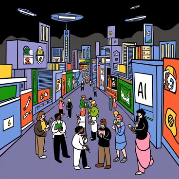 A vast cityscape filled with towering skyscrapers and neon lights, showcasing a futuristic architecture. In the foreground, a diverse group of humans with various skin tones and hairstyles interacts with humanoid AI robots, some with metallic skin and glowing eyes. The streets are bustling with activity, with people using advanced technology such as holographic displays and personal devices. Flying vehicles zip through the air, while advertisements on massive screens promote AI services. In the background, a dark sky looms, hinting at the challenges of this dystopian world where humans and AI robots coexist.