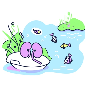 A pair of kidneys is positioned on a smooth rock at the edge of a flowing river. The river has clear water that reflects the sunlight. Colorful fish are swimming gracefully in the water, some are darting around and others are gliding calmly. The banks of the river feature lush greenery, with various plants and wildflowers. In the background, gentle ripples and small waves are visible as the water moves downstream.