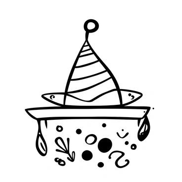 A whimsical hat with a prominent nose tip on its crown sits atop a wooden table. The hat is tall and conical, adorned with spiral patterns that give it a playful look. Surrounding the hat are scattered colorful buttons and fabrics, adding to the imaginative theme. A faint shadow is cast beneath the hat, creating depth on the table surface.