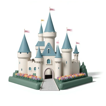 A large fairytale castle, featuring tall, pointed turrets topped with vibrant flags fluttering in the breeze. The castle's exterior is adorned with intricate stonework and large windows. Surrounding the castle, lush gardens burst with color, showcasing blooming flowers in shades of red, yellow, and purple. Green hedges frame the garden pathways, and a stone path leads up to the entrance of the castle, inviting viewers into the magical scene.