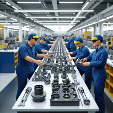 Engineers assembling car engines on a busy factory line