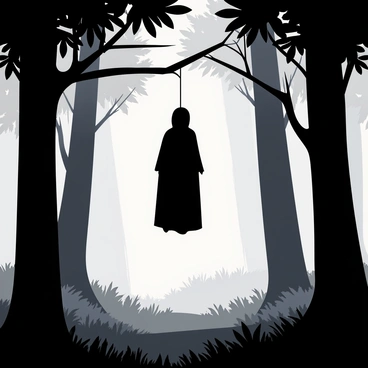 A mysterious figure suspended from a dark tree branch in a foggy forest. The figure is cloaked in shadows, with only the silhouette visible against the misty background. Surrounding the tree are tall, shadowy trunks, partially obscured by swirling fog. The ground is covered in damp leaves, adding to the eerie atmosphere of the scene. Soft shafts of pale light filter through the fog, creating an otherworldly glow around the figure.