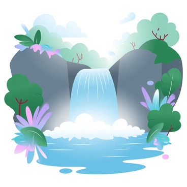 A powerful waterfall cascades down rocky cliffs, sending a mist into the air. The water creates a series of white foamy splashes as it plunges into the Congo River below. Lush, dense greenery surrounds the waterfall, with various shades of green leaves and vibrant plants framing the scene. The river flows calmly beneath the waterfall, reflecting the colors of the surrounding foliage. Sunlight filters through the trees, creating dappled patterns on the water's surface.