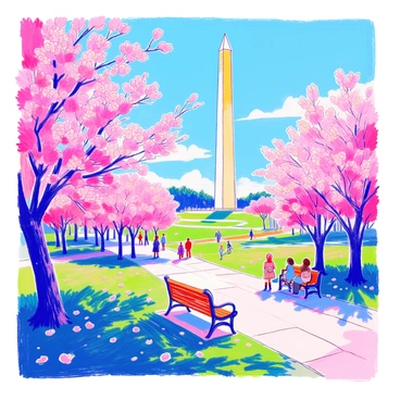 A detailed scene featuring the "Washington Monument" towering in the background. In the foreground, there are "cherry blossoms in full bloom," showcasing clusters of delicate pink flowers. The sky is bright and clear, highlighting the monument's structure. The grass is lush and green, providing a vibrant contrast to the monument and blossoms. People can be seen strolling nearby, enjoying the beauty of the surroundings. A small park bench sits under one of the cherry blossom trees, inviting visitors to sit and appreciate the view.
