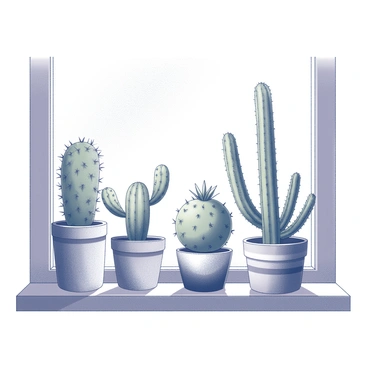 An array of various cactus plants in distinct decorative pots. The cacti have different shapes and sizes, including tall, spiky varieties and smaller, round ones. Each pot features unique patterns or textures. The scene is set on a sunny windowsill, where soft shadows are cast by the plants. The sunlight creates a bright and cheerful atmosphere as it streams into the room, illuminating the plants and highlighting their intricate details.