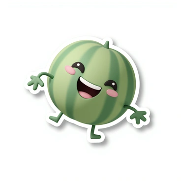 A cheerful sticker design of a smiling melon with arms and legs.