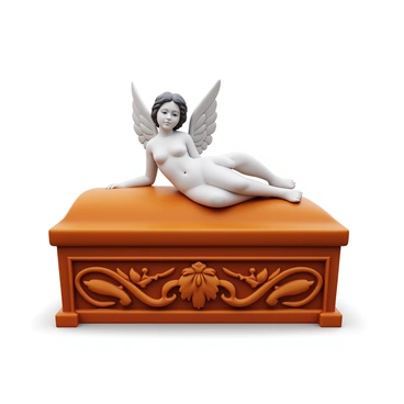 An angel statue with delicate wings and a serene expression is gently resting atop a beautifully carved wooden coffin. The angel's features are intricately detailed, capturing a sense of grace and tranquility. The coffin is adorned with ornate carvings, featuring floral motifs and elegant patterns. The setting is illuminated by soft light, highlighting the textures of the wood and the smooth surface of the statue.