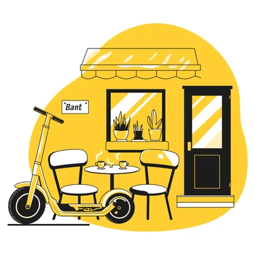 A segway parked beside a quaint little cafe. The segway has a sleek design with handlebars and a platform for standing. In front of the cafe, there is a small round table with two coffee cups placed on it, each with steam rising from them. The cafe features a sign displaying its name and has potted plants on the windowsill. There are some chairs around the table, creating a cozy atmosphere. The scene is set in the daylight, highlighting the details of the cafe and the segway.
