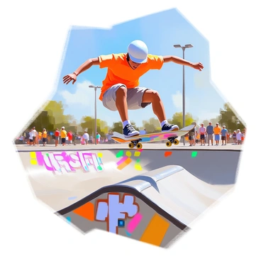 A skateboarder with a light skin tone and short black hair is mid-air, performing an impressive trick above a half-pipe in a skate park. He is wearing a brightly colored t-shirt and cargo shorts, with a helmet securely fastened on his head. The skateboard has a unique graphic design on its underside. In the background, there are colorful graffiti-covered ramps and spectators watching the action, with a clear blue sky above. The overall scene captures the energy and motion of skateboarding in an urban setting.