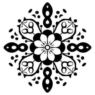 A mandala design with intricate patterns, featuring abstract flowers arranged symmetrically. Each flower has repeating shapes and lines that radiate outward. The overall composition showcases a central flower, surrounded by layers of smaller flowers and geometric patterns that complement the floral elements. The background contains subtle, detailed motifs that enhance the symmetry of the design.