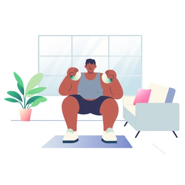 A minimalist living room features large windows allowing natural light to flood the space. In the center, a person with medium skin and short black hair is performing dumbbell squats. They are wearing a fitted gray tank top and black athletic shorts. The floor is light wood, and a simple, neutral-colored rug is placed beneath them. To one side, there is a sleek white sofa with a couple of decorative cushions. A potted green plant adds a touch of nature in the corner of the room, complementing the clean and uncluttered atmosphere.