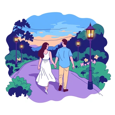 A couple walking down a garden pathway lined with glowing lanterns at dusk