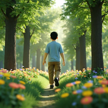 A 3D human figure with medium skin tone and short black hair is walking through a lush, green forest. The figure is dressed in a light blue shirt and brown cargo pants. Surrounding the figure are towering trees with thick trunks and a dense canopy of green leaves. The forest floor is covered with vibrant flowers in various colors including red, yellow, and purple. Sunlight filters through the leaves, creating dappled patterns on the ground. The atmosphere conveys a sense of exploration and discovery.