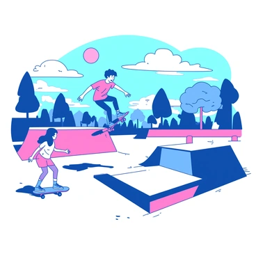 A blue boy is skateboarding in a vibrant skate park, executing a jump off a ramp with excitement. In the air, he is performing a trick, his arms outstretched for balance. Nearby, a pink girl is skating on a smooth surface, preparing to attempt her own trick on a half-pipe. The skate park is filled with various ramps, rails, and other structures designed for skating. The sun is shining brightly overhead, casting distinct shadows on the ground from the skaters and the park features.