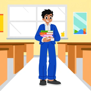A young boy with spiky black hair is wearing a crisp blue school uniform consisting of a jacket and slacks. He is standing in a brightly lit classroom, with colorful posters on the walls and wooden desks arranged in neat rows. In his hands, he holds a stack of books, which are colorful with various titles visible on their spines. The boy has an eager expression on his face, indicating his enthusiasm for learning. Sunlight streams through the large windows, creating a warm and inviting atmosphere in the room.