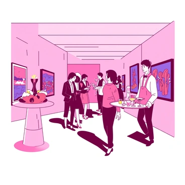 A duo of pink and white illuminated gallery walls showcases various colorful artworks. In the center of the room, a group of people is mingling, dressed in elegant attire, engaged in lively conversation. A tall white waiter is carrying a silver tray loaded with an assortment of drinks, including sparkling glasses and colorful cocktails. Nearby, a couple is admiring a vibrant painting while holding their drinks, and a small group stands around a sculpture, discussing its details. The atmosphere is filled with excitement and creativity as guests move gracefully throughout the space.