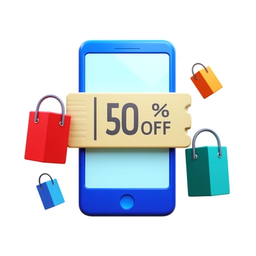 A digital voucher displayed on a smartphone screen. The voucher features a prominent "50% OFF" text in bold letters. Surrounding the smartphone are shopping bag icons in various colors, such as red, blue, and green, with handles and small decorations. The background is a clean, simple surface that emphasizes the smartphone and vouchers. The screen's lighting creates a soft glow, highlighting the digital elements.