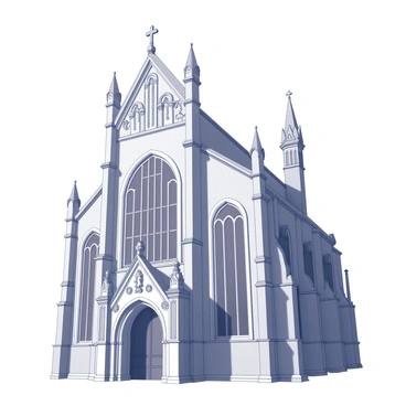 A tall, imposing building showcasing Gothic architecture. The structure features pointed arches, intricate carvings, and large stained glass windows. The facade is adorned with elaborate sculptures, depicting various figures and ornate patterns. Flying buttresses support the walls, adding to the verticality of the design. The entrance includes a grand, arched doorway with detailed stonework framing it. The roof is steeply pitched and embellished with decorative finials. The overall composition captures the grandeur and complexity of the architectural style.
