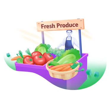 A farmer's market stand featuring a variety of fresh vegetables, including bright red tomatoes, leafy green lettuce, and vibrant orange carrots. The stand is adorned with a wooden sign displaying the words "Fresh Produce." A friendly vendor stands behind the stand, smiling and wearing an apron. Surrounding the stand are baskets filled with colorful vegetables. Sunlight casts warm tones over the scene, highlighting the freshness of the produce.