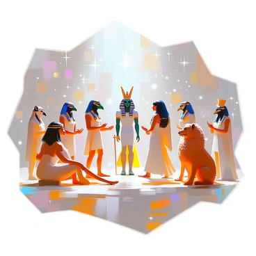A gathering of Egyptian gods and goddesses in a celestial setting