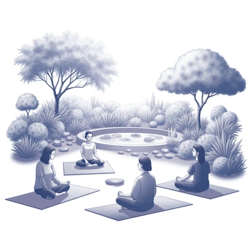 A tranquil garden filled with diverse plants and trees. In the foreground, several individuals are seated in various meditative poses on mats. One person, a woman with long hair wearing comfortable clothing, is sitting cross-legged with her hands resting on her knees. Nearby, a man is sitting with his eyes closed, creating a serene atmosphere. The garden features a small pond with lily pads and a few stones, surrounded by flourishing greenery. Sunlight filters through the branches, casting gentle shadows on the ground.