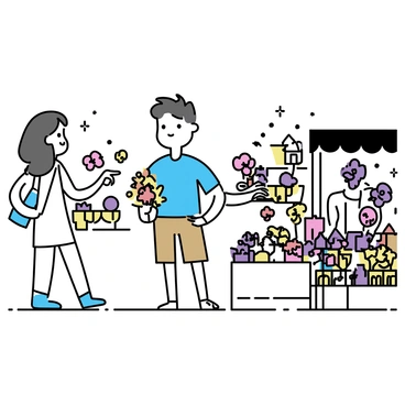 A couple standing in a busy flower market, surrounded by an array of colorful flowers. The man, wearing a blue shirt and brown shorts, is holding a bouquet of red and yellow flowers, while the woman, with long brown hair and a white sundress, is pointing at a display of purple and pink blooms. Stalls filled with various flowers, including roses, tulips, and daisies, create a lively atmosphere, with other shoppers browsing nearby. The bright colors of the flowers enhance the cheerful ambiance of the market.