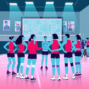A volleyball team having a strategy huddle with a coach in a lively gym atmosphere
