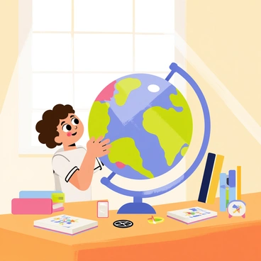 A child with curly brown hair is spinning a colorful globe on a wooden desk. The globe features vivid representations of various countries and oceans. The child's eyes are wide with wonder as they gaze at different continents. Scattered around the globe are small travel books and a compass, emphasizing the theme of exploration. Sunlight streams through a nearby window, casting a warm glow on the scene, enhancing the child's expression of excitement for adventure.