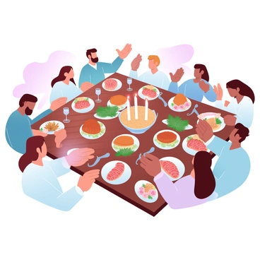 A large wooden table is filled with an abundance of various dishes, including roasted meats, colorful salads, and freshly baked bread. Surrounding the table are several friends, each engaged in lively conversation and sharing memories. Some are leaning in as they speak, while others are laughing and enjoying the food. Soft, warm lighting creates a cozy atmosphere, with candles flickering in the center of the table. Plates and utensils are scattered around, and glasses are filled with drinks, adding to the festive ambiance of the reunion dinner reception.