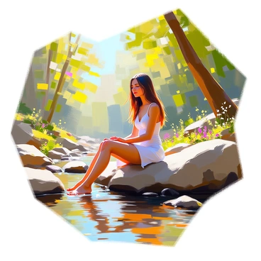 A woman with light skin and long, flowing brown hair is sitting peacefully on a smooth rock beside a clear forest stream. She is wearing a light summer dress, and her bare feet are gently dipped into the cool water, creating small ripples. The surrounding forest is filled with lush green trees, and dappled sunlight filters through the leaves, casting playful shadows on the ground. Small pebbles and wildflowers can be seen near the water's edge, enhancing the tranquil atmosphere of the scene.