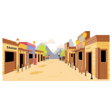 A flat-3D representation of a wild west town featuring several wooden saloons with large swinging doors. The saloons have weathered wood textures and colorful signage above their entrances. Dusty streets run between the buildings, with small clouds of dust being kicked up by a gentle breeze. Wooden hitching posts line the streets, with a few horses tied to them. Old-style street lamps stand at various points, casting a warm glow. In the background, rugged mountains can be seen, completing the wild west atmosphere.