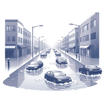 A city street transformed into a river after a heavy rainstorm. Water flows rapidly along the asphalt, creating waves and ripples. Several cars are stranded in the floodwater, their hoods partially submerged. Some vehicles are facing each other while others are turned at odd angles. Streetlights stand tall, reflecting in the water. Buildings line the sides of the street, with windows showing the effects of rain, and debris floats on the surface of the water. A few pedestrians can be seen navigating the flooded areas, carefully trying to maintain their balance.