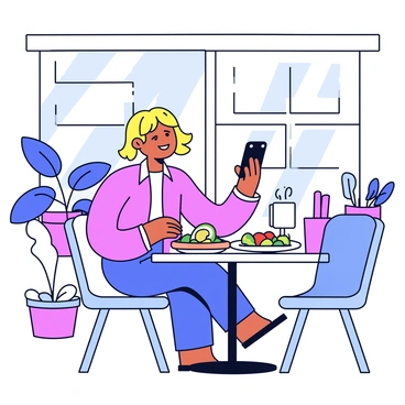 An influencer is sitting at a small round table in a stylish café. They have a smartphone in one hand, raised to capture a photo of a beautifully arranged meal. The meal includes a colorful salad topped with avocado slices and cherry tomatoes, alongside a steaming cup of coffee. The café features modern decor, with potted plants and minimalist artwork on the walls. Sunlight streams in through large windows, creating a bright atmosphere.