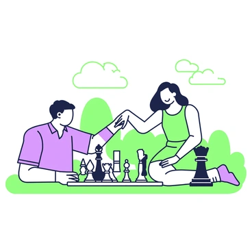 Two people are sitting on a park lawn, engaged in a chess game with oversized pieces. One player, a man in a blue shirt, is leaning forward with concentration, his hand hovering over a large knight. Across from him, a woman in a green dress is smiling, contemplating her next move as she reaches for a giant pawn. The chessboard is laid out on the grass, with the contrasting colors of the pieces making a bold statement. In the background, there are trees and a clear sky, adding to the outdoor atmosphere.