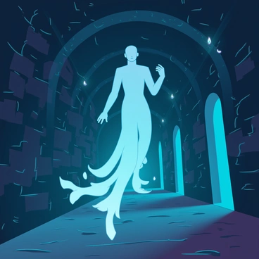 An ethereal spirit with a translucent, glowing form, resembling a humanoid silhouette, is floating gracefully through a dimly lit dungeon corridor. The walls of the corridor are made of rough stone, covered in patches of moss and faintly illuminated by flickering torches casting shadows. The spirit is leaving a shimmering trail of light that flows behind it, illuminating the dark passage with a soft, luminescent glow. The corridor extends into the distance, with arches and doorways partially hidden in the shadows, enhancing the mysterious atmosphere of the scene.