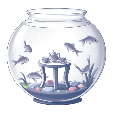 A fishbowl filled with water, containing several goldfish swimming playfully. The scene features a small, round table placed in the center of the bowl, adorned with tiny tea cups and a teapot, all designed for miniature use. The goldfish are gathered around the table, some appearing to be sitting while others are playfully interacting with the items on the table. A few aquatic plants and colorful pebbles decorate the bottom of the bowl, enhancing the whimsical atmosphere of the tea party. The fishbowl itself is resting on a flat surface, with a gentle reflection visible on the sides of the bowl.