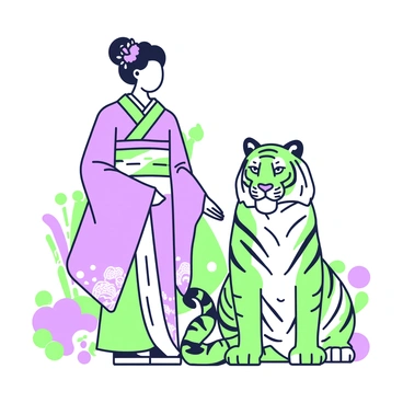 A geisha with a traditional kimono is standing calmly beside a majestic tiger. The geisha has long, black hair styled in an intricate updo, adorned with vibrant hairpieces. Her kimono features delicate patterns and flowing sleeves that gently sway as she stands. The tiger, with its powerful build and striking stripes, is sitting gracefully next to her. The tiger's gaze is serene, and its fur appears lush and detailed. The background consists of stylized elements that enhance the enchanting atmosphere of this scene.