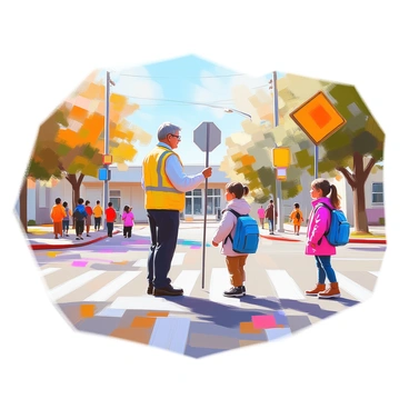 A school crossing guard with a bright yellow vest is standing at an intersection, helping a group of children cross the street safely. The guard, a middle-aged person with glasses and short brown hair, is holding a stop sign in one hand while gesturing for the children to walk. The children, a boy wearing a blue backpack and a girl with pigtails in a pink coat, are looking up at the guard with attentive expressions. A few other children are waiting on the curb, looking eager to cross. In the background, there are trees lining the street and a school building visible in the distance.