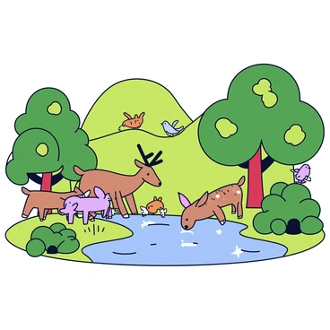 A lush forest scene showcasing a muster of animals gathered around a clear stream