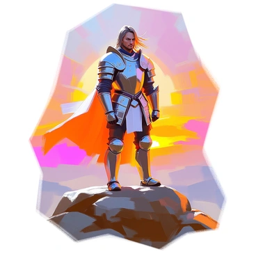 A warrior wearing intricately designed battle armor stands tall on a rocky hill, his posture exuding confidence and strength. The armor features detailed engravings, reflecting the last rays of the sun. The warrior has a fierce expression on his face, with long hair flowing in the wind. Behind him, the sky is ablaze with vivid colors of orange, pink, and purple as the sun sets on the horizon. The landscape below is rugged and wild, adding to the dramatic scene. "A warrior in battle armor" is etched in bold letters across the image.