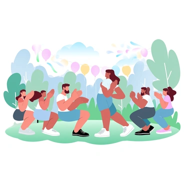 A large family is performing squats together in a backyard. There are various members of the family, including children and adults, all engaging in the exercise. They are dressed in colorful, casual clothing, showcasing a mix of patterns and styles. The backyard is filled with green grass and surrounded by trees, creating a lively atmosphere. In the background, there are decorations such as balloons and streamers, suggesting a festive party vibe. Some family members are clapping and cheering each other on, while others maintain their squatting positions, creating a sense of camaraderie.