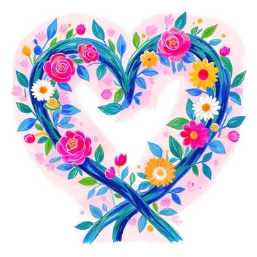 Two intertwined hearts are composed of lush, green vines adorned with a variety of flowers in vibrant colors. The flowers include red roses, white daisies, and yellow sunflowers, creating a lively contrast against the greenery. The hearts are positioned against a light background, emphasizing their intricate design and the beauty of nature. The vines twist gracefully around each other, symbolizing a strong bond. Small leaves are scattered throughout, adding to the organic feel of the hearts.