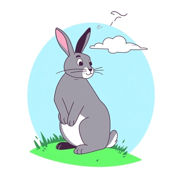 A gray hare is standing on a grassy hilltop, with its ears perked up and a thoughtful expression on its face. Its eyes are wide, reflecting a sense of ambition and dreams of victory. In the background, a soft blue sky is visible, with a few wispy white clouds drifting by. The sun is casting gentle light on the hare, highlighting its fur and the vibrant green grass around it. The scene conveys a sense of hope and determination as the hare gazes into the distance.