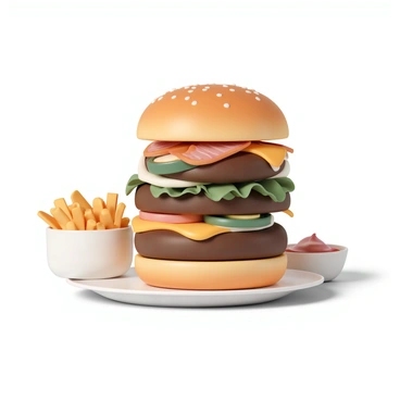A juicy triple-decker burger with visible layers of ingredients